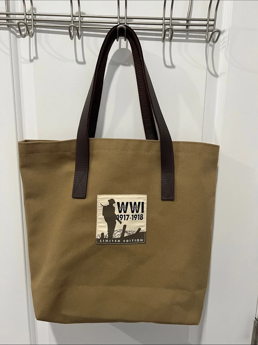 WWI Limited‎ Edition Canvas Tote Bag in Khaki with Dark Brown Handles